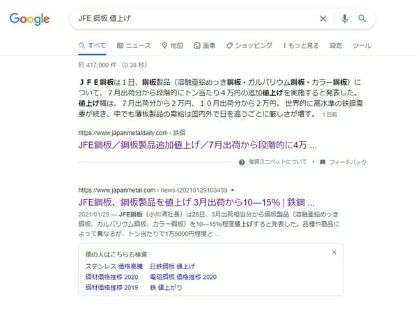 鋼板製品（ガルバリウム鋼板、カラーガルバリウム鋼板など）の値段が上がります。